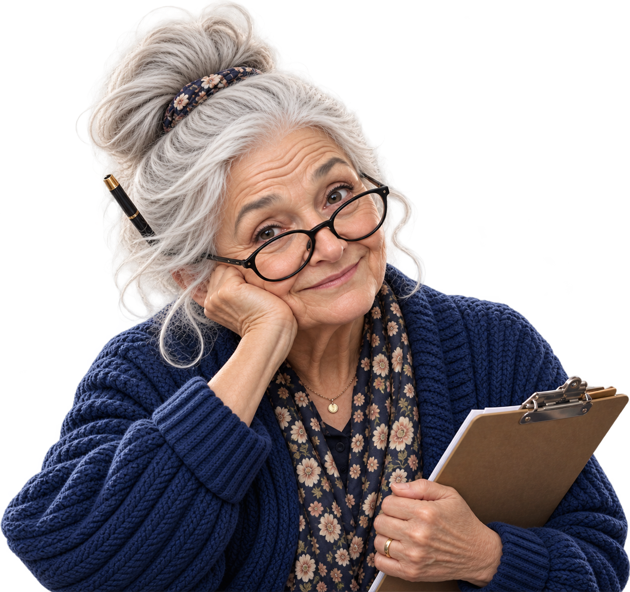 Gran checking a website with her clipboard